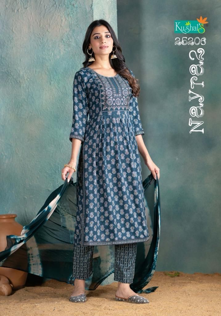 Nayra 2 By Kushals Rayon Printed Naira Cut Kurti With Bottom Dupatta
